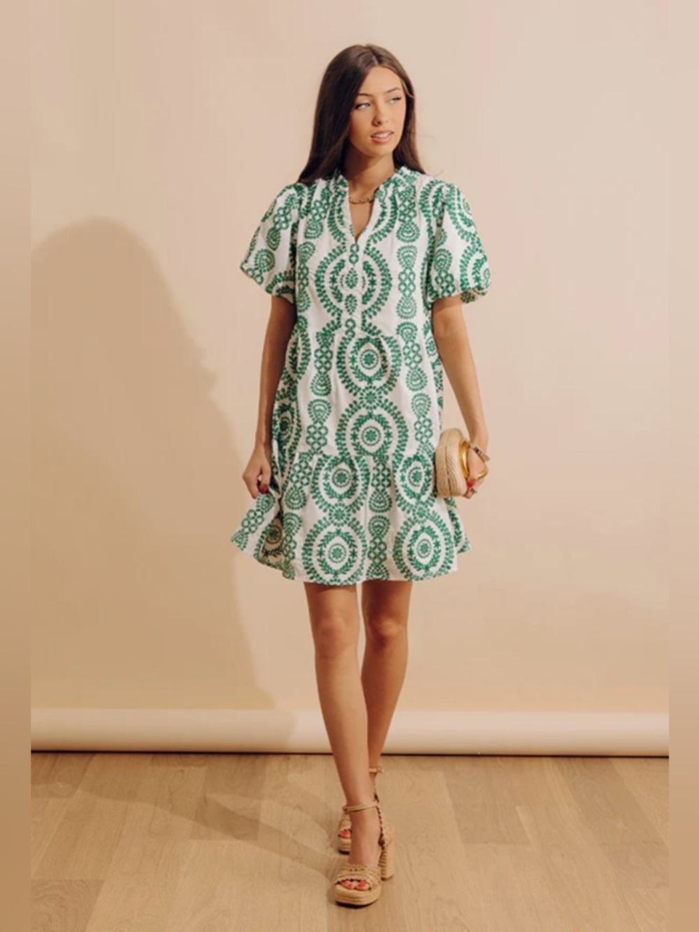 Skies Are Blue Embroidered Eyelet Green and White Mini Dress